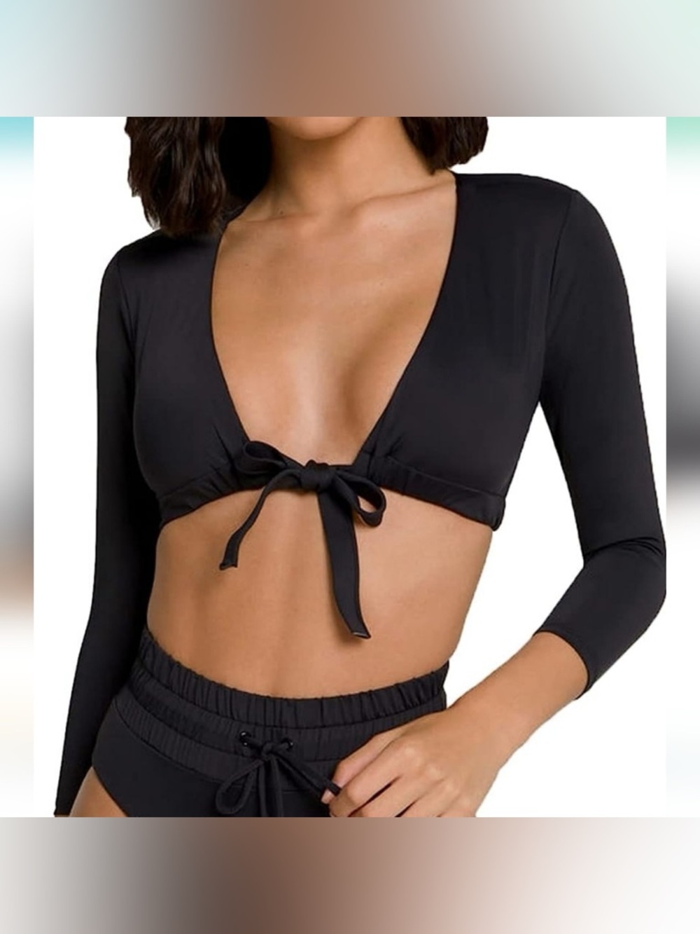 Good American Sexy Boost 3/4 Sleeve Tie Front Bikini Top in Black